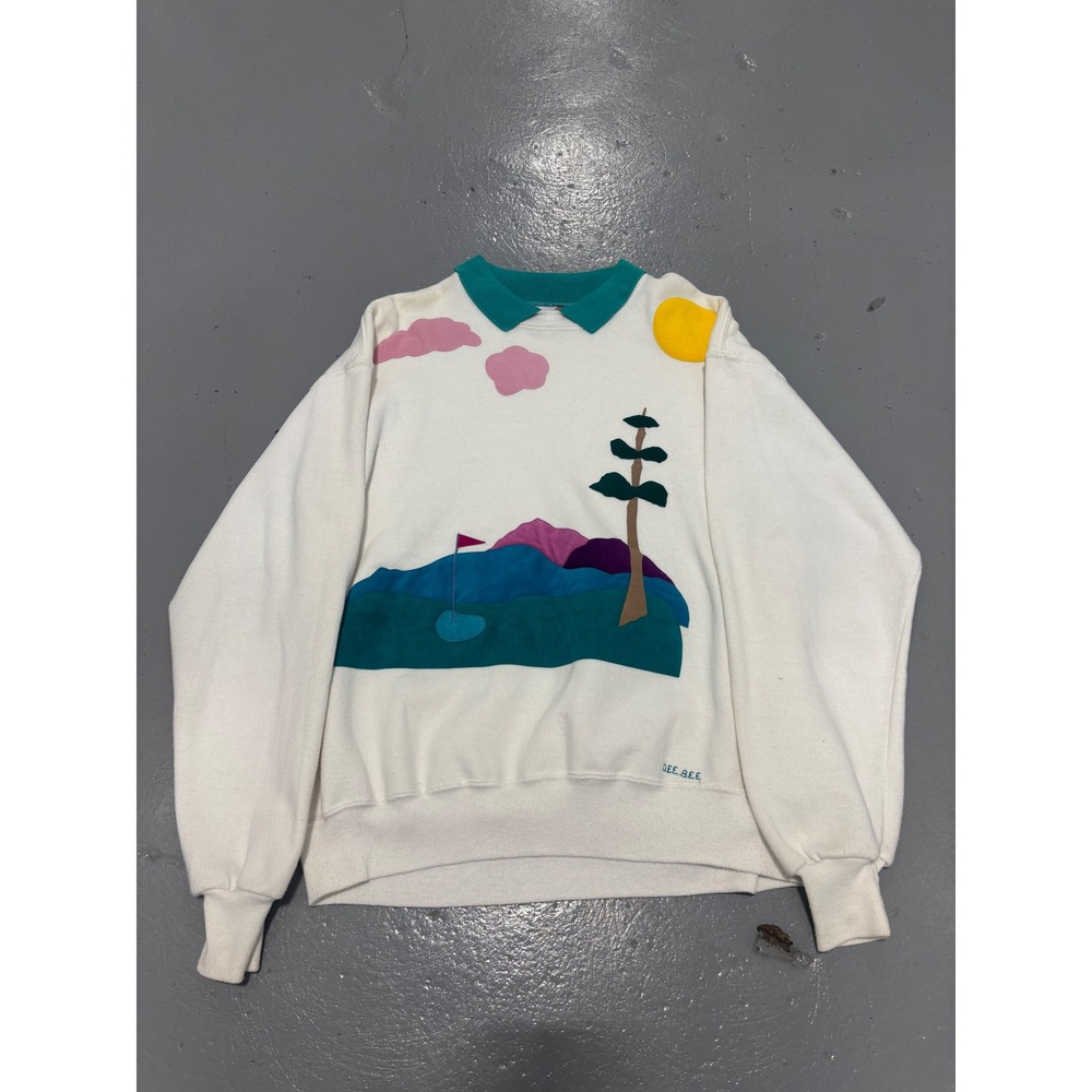 Vintage Jerzees Golf Landscape Sweatshirt White Teal Collar Made in USA Large - Picture 1 of 8